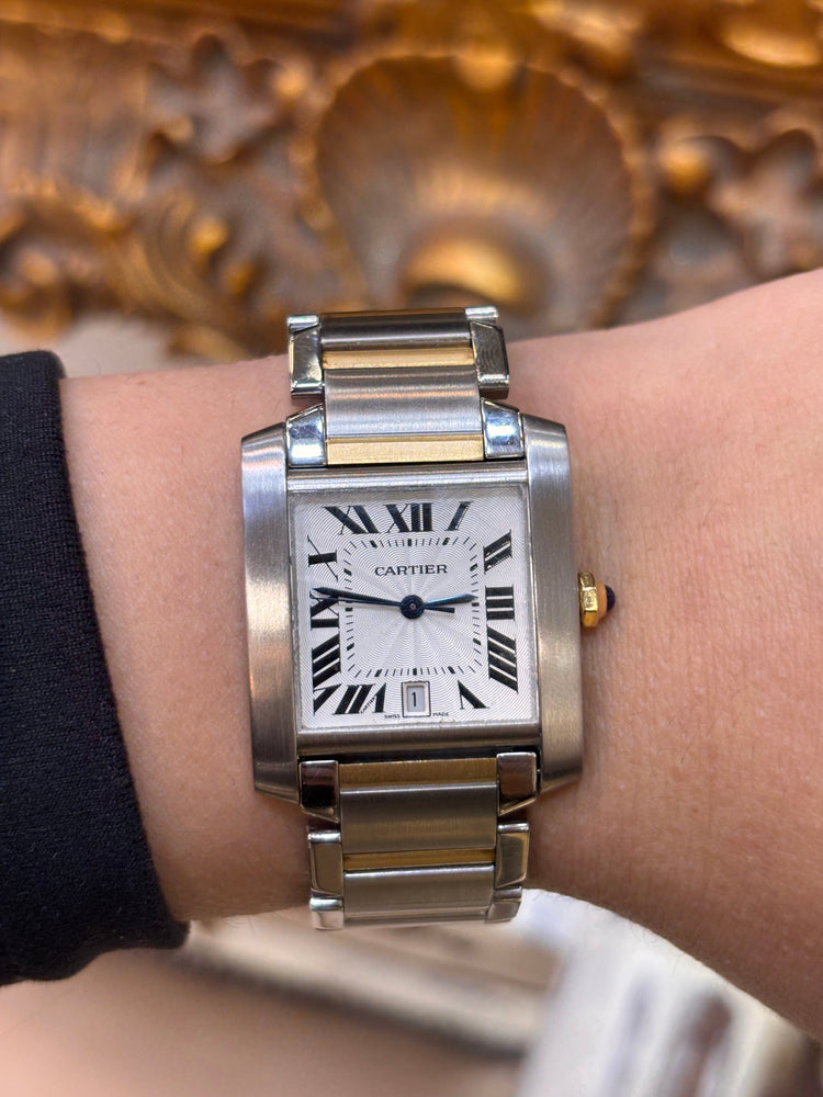 Unisex Cartier Tank stainless Steel Wristwatch with 18ct Yellow Gold Accents and Sapphire Cabochon - Hyman’s Jewellers