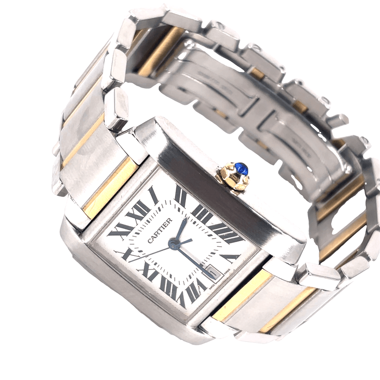 Unisex Cartier Tank stainless Steel Wristwatch with 18ct Yellow Gold Accents and Sapphire Cabochon - Hyman’s Jewellers
