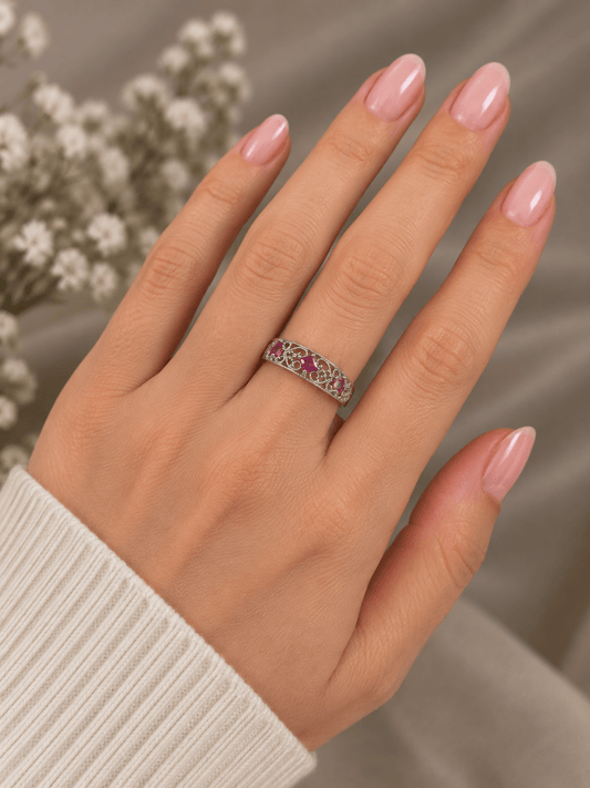 Vintage-Inspired Filigree Ruby Multistone Ring in 9CT White Gold 2.3g - Hyman’s Jewellers