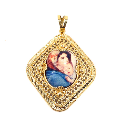 Women’s 14ct Yellow Gold “Mary & Child” Porcelain Tile Pendant - Hyman’s Jewellers