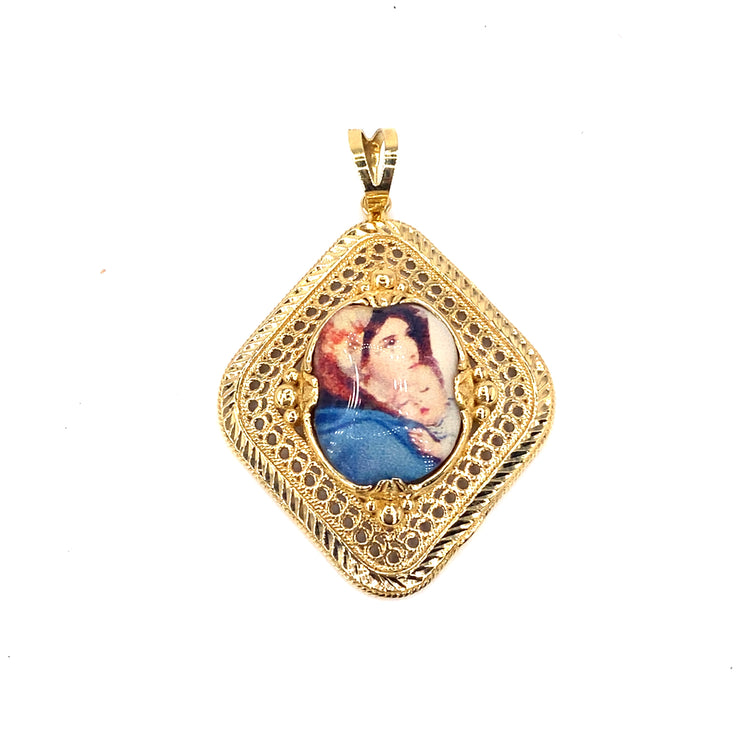 Women’s 14ct Yellow Gold “Mary & Child” Porcelain Tile Pendant - Hyman’s Jewellers