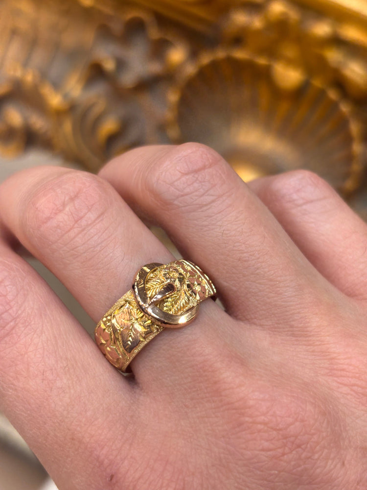 Women’s 16ct Artisan Crafted Yellow Gold Buckle Ring with Artistic Engraving - Hyman’s Jewellers