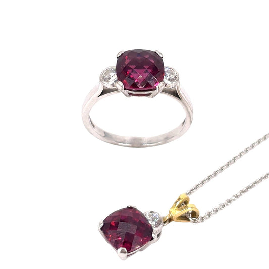 Women’s 18ct White & Yellow Gold Diamond Garnet Pendant Rings Set - 10g 0.40ct - Hyman’s Jewellers