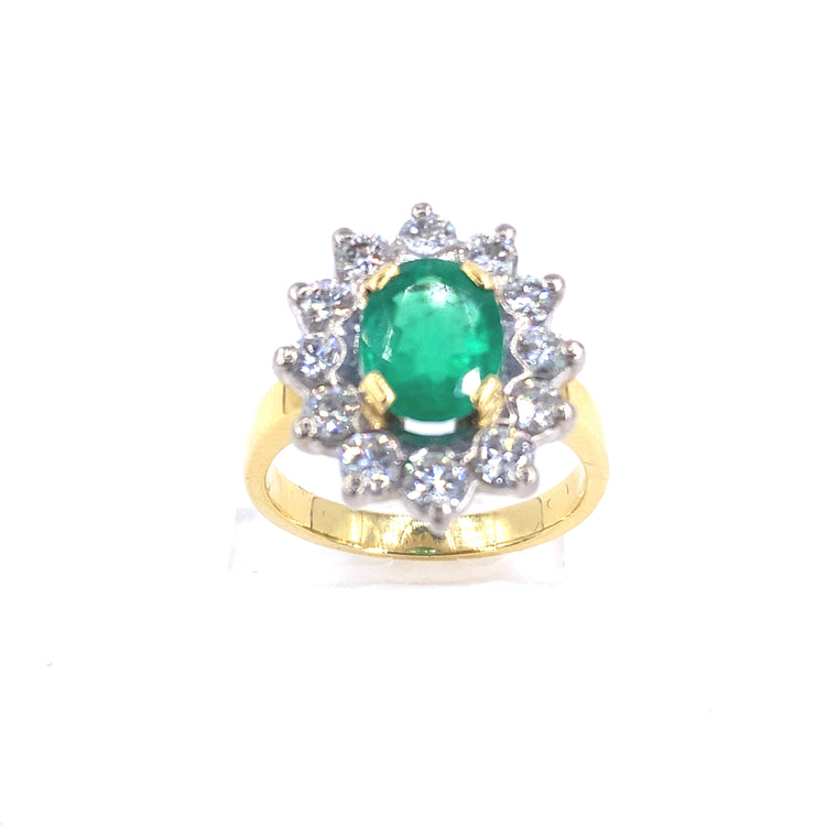 Women’s 18ct Yellow Gold Diamond Emerald Cocktail Flower Ring - 1.20ct - Hyman’s Jewellers