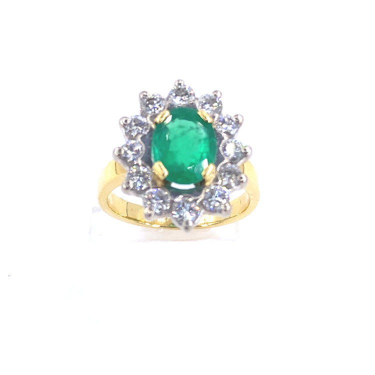 Women’s 18ct Yellow Gold Diamond Emerald Cocktail Flower Ring - 1.20ct - Hyman’s Jewellers