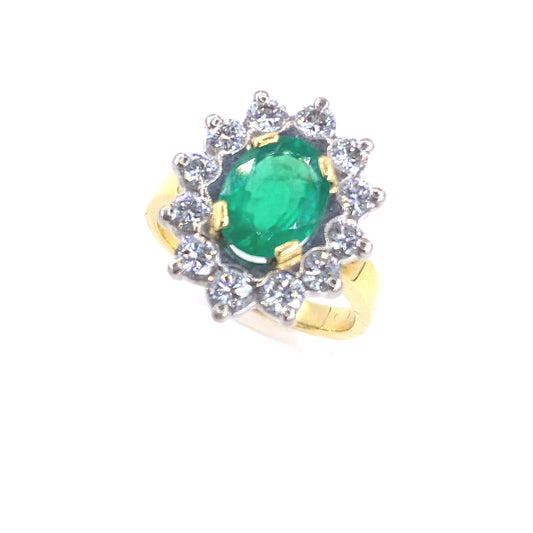 Women’s 18ct Yellow Gold Diamond Emerald Cocktail Flower Ring - 1.20ct - Hyman’s Jewellers