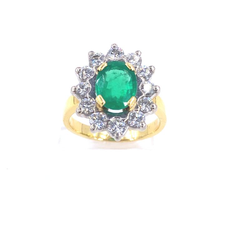 Women’s 18ct Yellow Gold Diamond Emerald Cocktail Flower Ring - 1.20ct - Hyman’s Jewellers