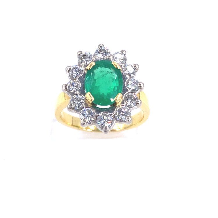 Women’s 18ct Yellow Gold Diamond Emerald Cocktail Flower Ring - 1.20ct - Hyman’s Jewellers