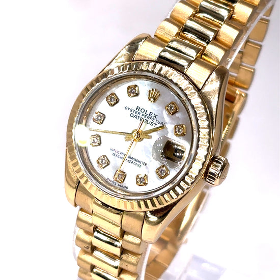 Women’s 18ct Yellow Gold Rolex Datejust Diamond Watch with Mother Of Pearl Dial Diamond Dot - 26mm - Hyman’s Jewellers