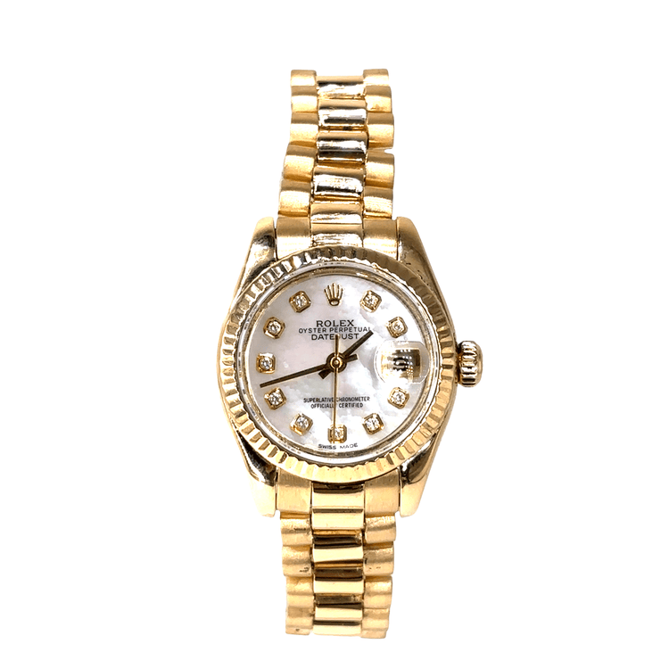 Women’s 18ct Yellow Gold Rolex Datejust Diamond Watch with Mother Of Pearl Dial Diamond Dot - 26mm - Hyman’s Jewellers