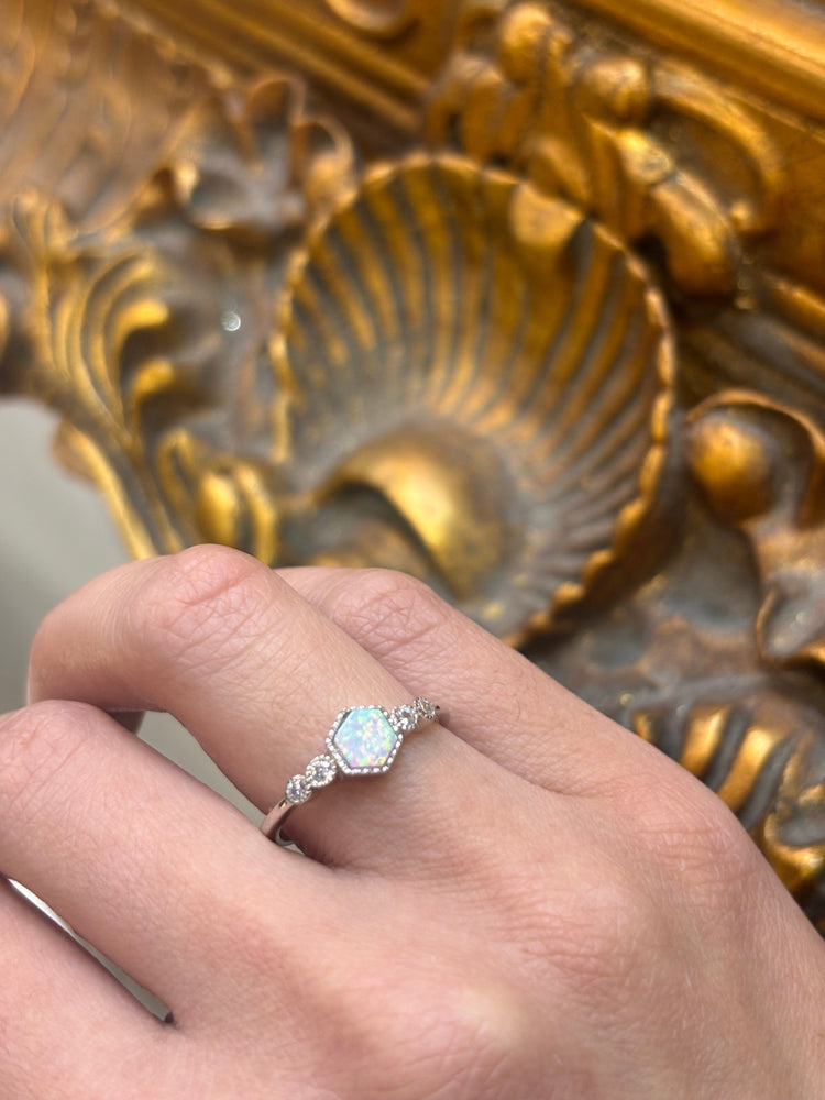 Women’s 925 Sterling Silver Hexagon Shaped Setting Lab Opal Ring - Hyman’s Jewellers