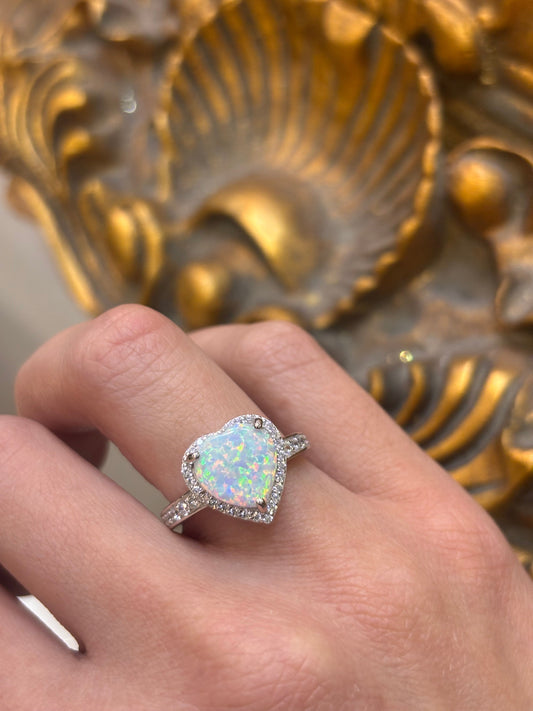 Women’s 925 Sterling Silver Large Heart Lab Opal Ring - Hyman’s Jewellers