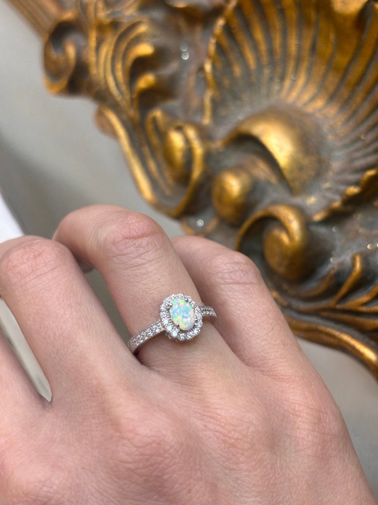 Women’s 925 Sterling Silver Oval Lab Opal Halo Ring - Hyman’s Jewellers