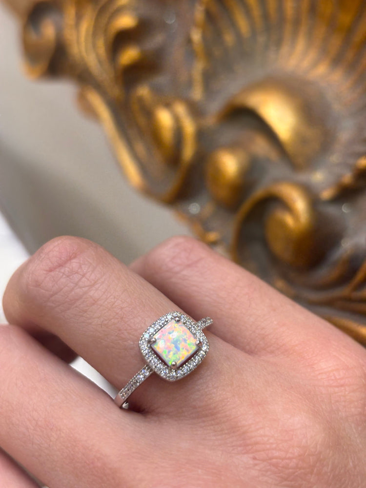 Women’s 925 Sterling Silver Square Cz Halo Lab Opal Ring - Hyman’s Jewellers