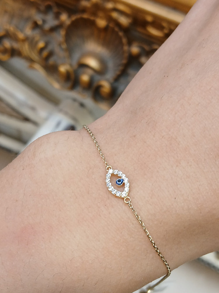 Women's 9ct CZ & Vivid Blue Glass "Evil Eye" Yellow Gold Chain Bracelet - Hyman’s Jewellers
