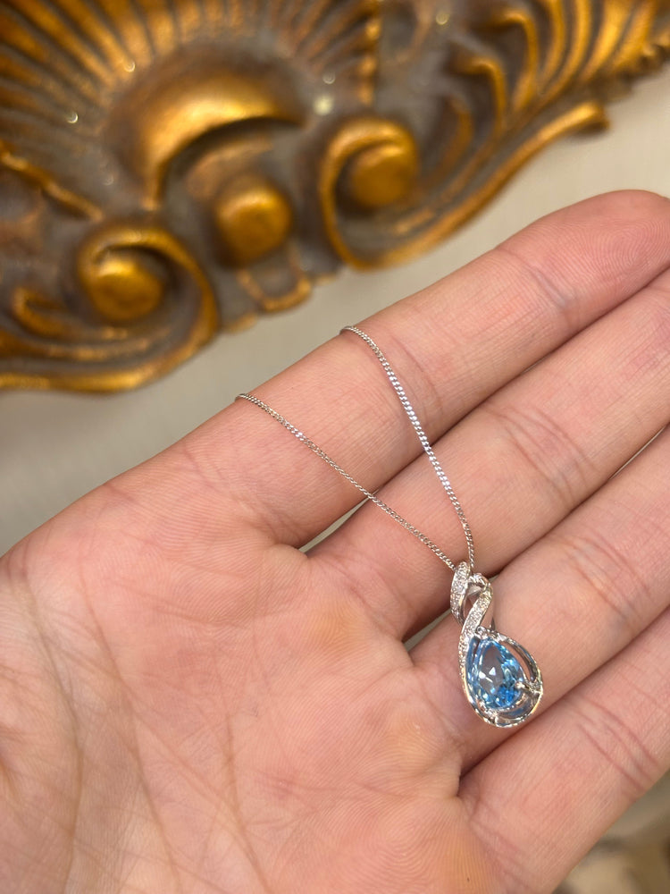 Women’s 9ct White Gold Pear Cut Topaz Pendant Necklace - 0.05ct diamond 2.5g - Hyman’s Jewellers