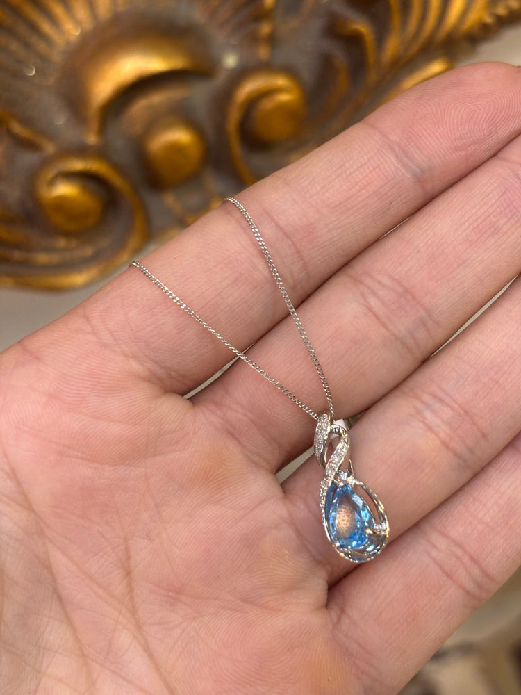 Women’s 9ct White Gold Pear Cut Topaz Pendant Necklace - 0.05ct diamond 2.5g - Hyman’s Jewellers