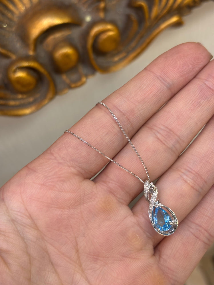 Women’s 9ct White Gold Pear Cut Topaz Pendant Necklace - 0.05ct diamond 2.5g - Hyman’s Jewellers