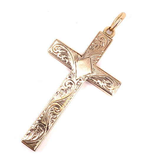 Women’s 9ct Yellow Gold Engraved Hollow Vintage Cross - 3.4g - Hyman’s Jewellers