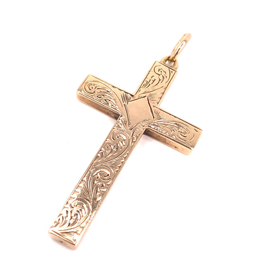 Women’s 9ct Yellow Gold Engraved Hollow Vintage Cross - 3.4g - Hyman’s Jewellers