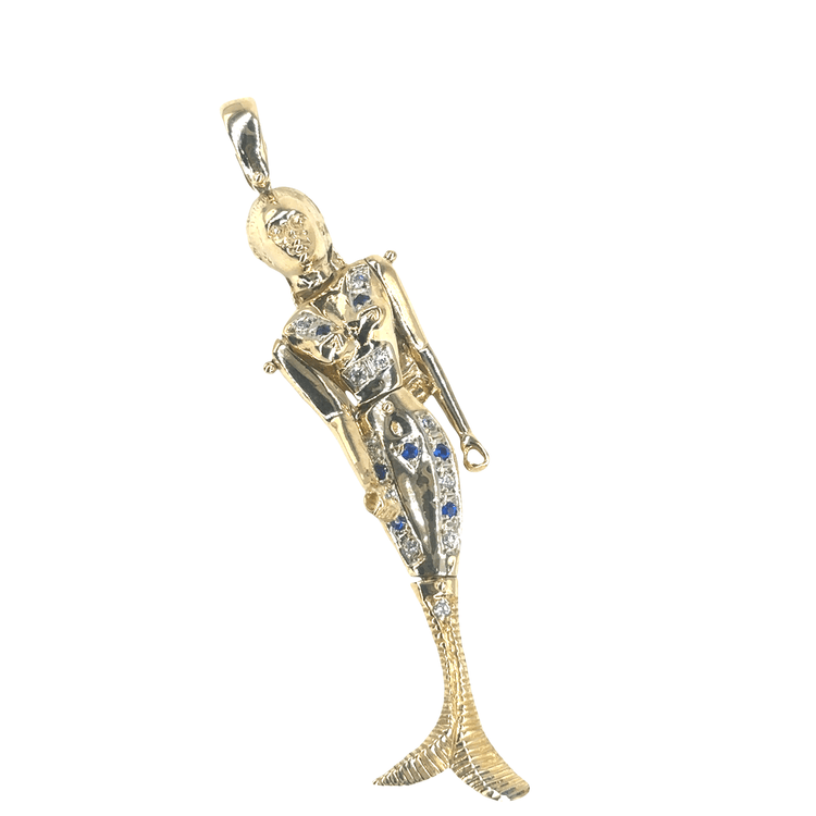Women’s 9ct Yellow Gold Mermaid Pendant with Royal Blue Sapphire Accents - 23.2g 8.5cm - Hyman’s Jewellers