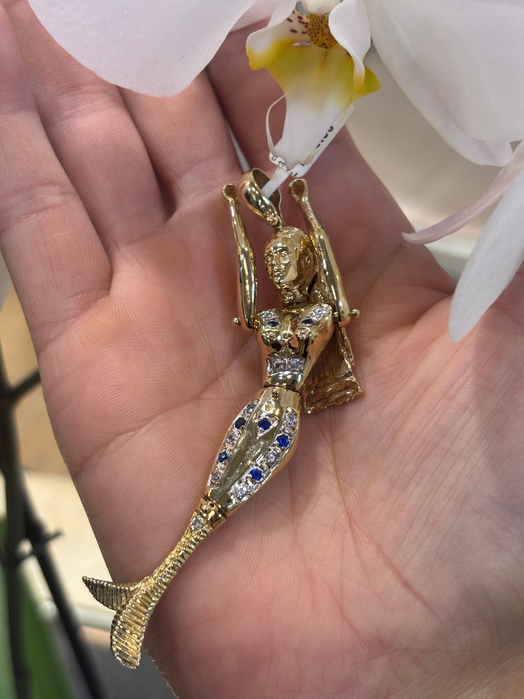 Women’s 9ct Yellow Gold Mermaid Pendant with Royal Blue Sapphire Accents - 23.2g 8.5cm - Hyman’s Jewellers