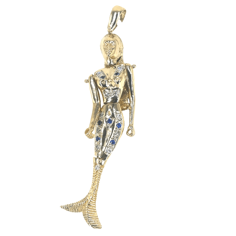 Women’s 9ct Yellow Gold Mermaid Pendant with Royal Blue Sapphire Accents - 23.2g 8.5cm - Hyman’s Jewellers