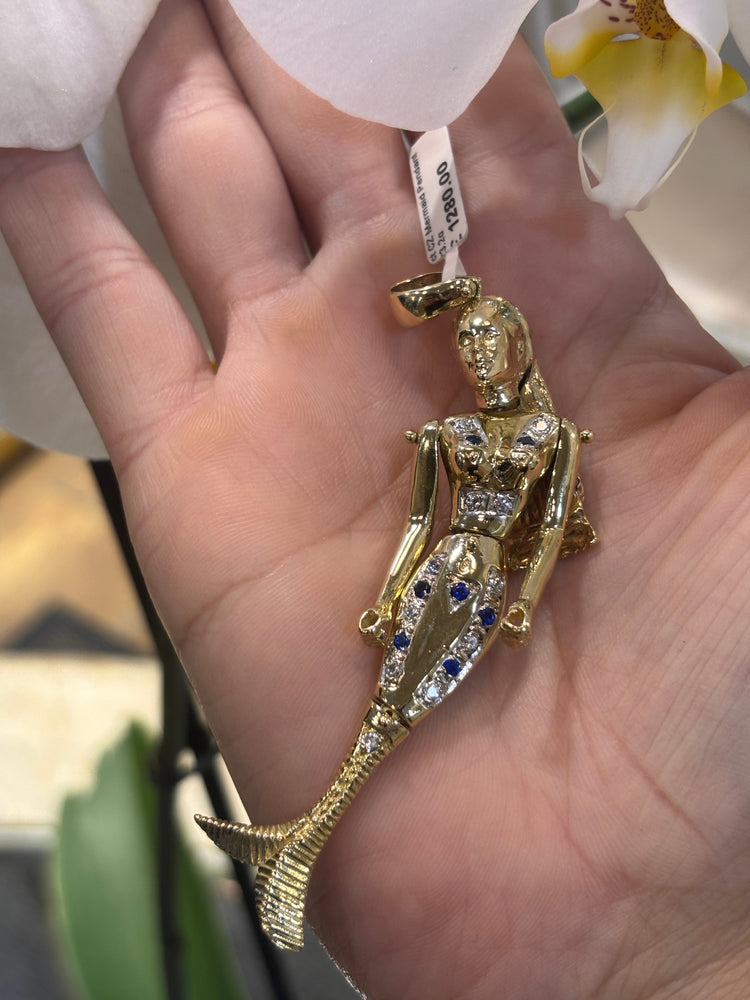 Women’s 9ct Yellow Gold Mermaid Pendant with Royal Blue Sapphire Accents - 23.2g 8.5cm - Hyman’s Jewellers