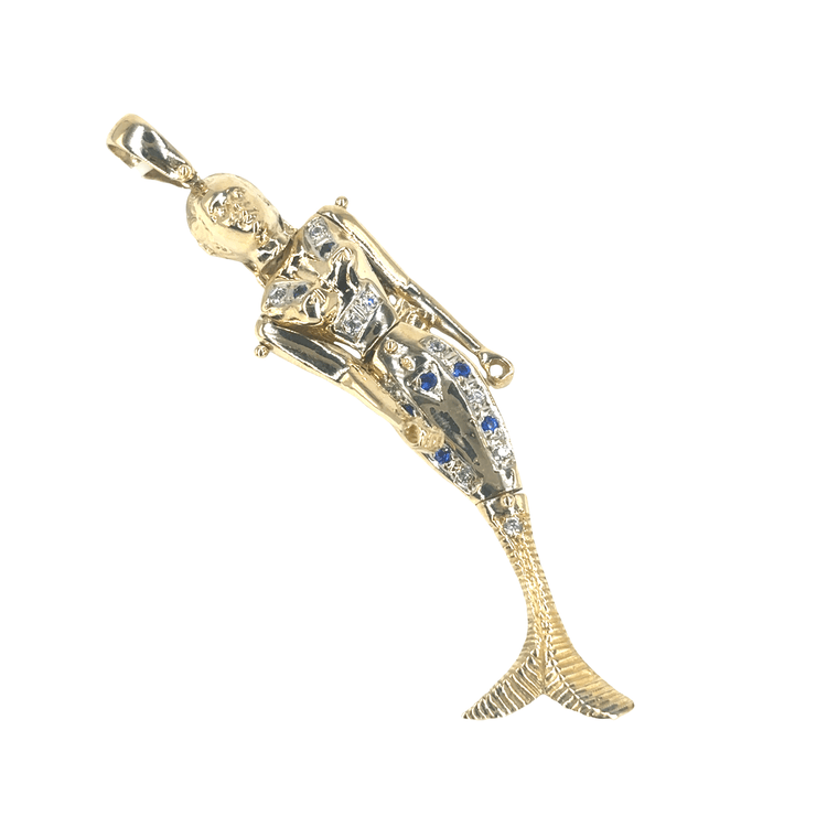 Women’s 9ct Yellow Gold Mermaid Pendant with Royal Blue Sapphire Accents - 23.2g 8.5cm - Hyman’s Jewellers