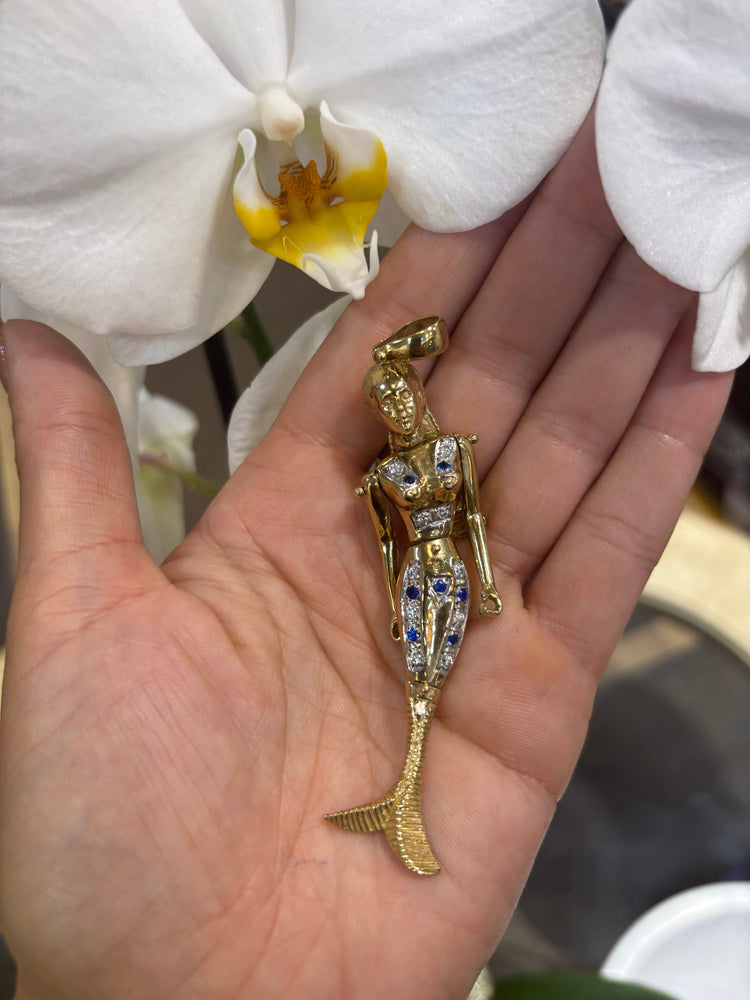 Women’s 9ct Yellow Gold Mermaid Pendant with Royal Blue Sapphire Accents - 23.2g 8.5cm - Hyman’s Jewellers