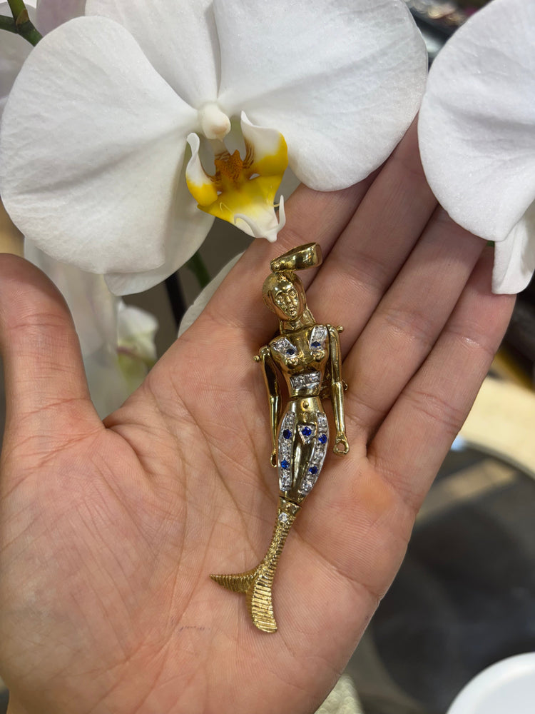 Women’s 9ct Yellow Gold Mermaid Pendant with Royal Blue Sapphire Accents - 23.2g 8.5cm - Hyman’s Jewellers
