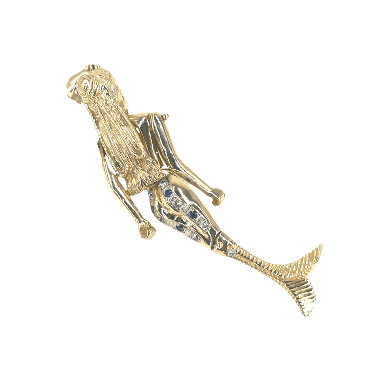 Women’s 9ct Yellow Gold Mermaid Pendant with Royal Blue Sapphire Accents - 23.2g 8.5cm - Hyman’s Jewellers