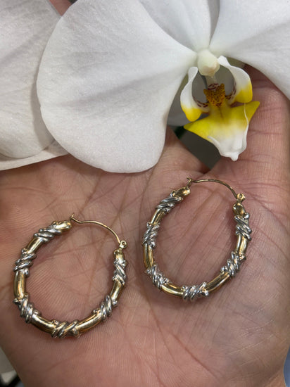 Women’s 9ct Yellow & White Gold X Pattern Hoop Earrings - 2.3G - Hyman’s Jewellers