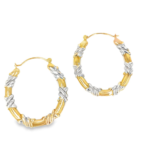 Women’s 9ct Yellow & White Gold X Pattern Hoop Earrings - 2.3G - Hyman’s Jewellers