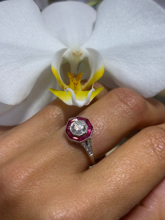 Women’s Platinum Ruby Diamond Art Deco Styled Cocktail Ring - 1.00ct - Hyman’s Jewellers