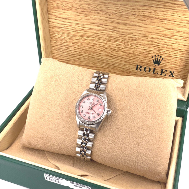 Women’s Steel Rolex Datejust Watch - Pink Diamond Dot Dial. 26mm - Hyman’s Jewellers
