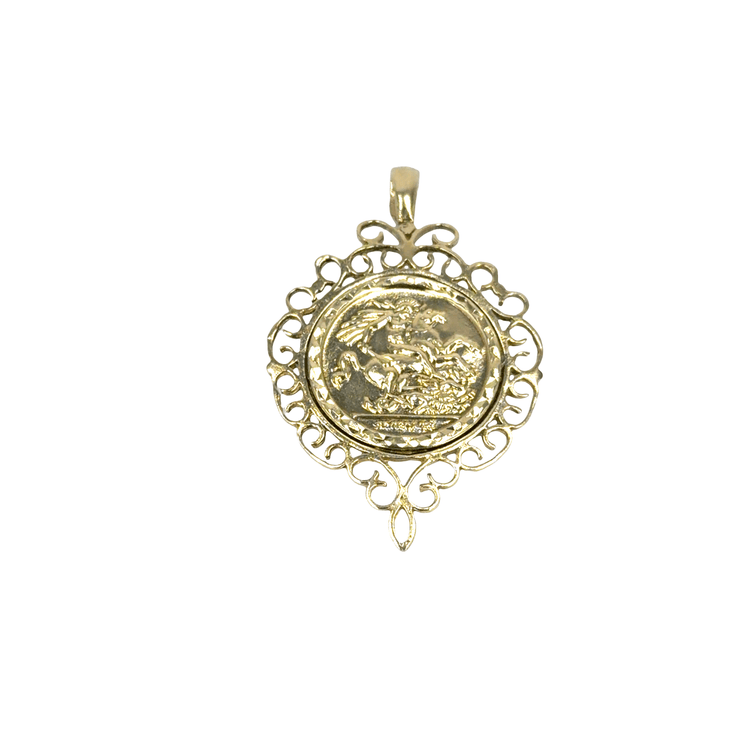 Yellow Gold Coin Medallion Pendant with Filigree Border - Hyman’s Jewellers
