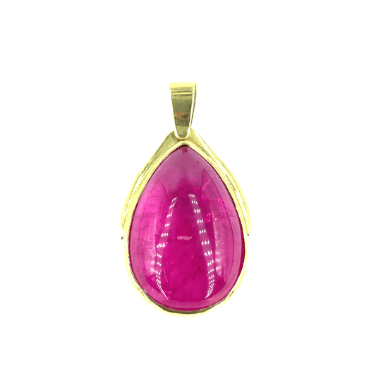 Yellow Gold Pendant with Pear - Shaped Treated Ruby Cabochon - Hyman’s Jewellers