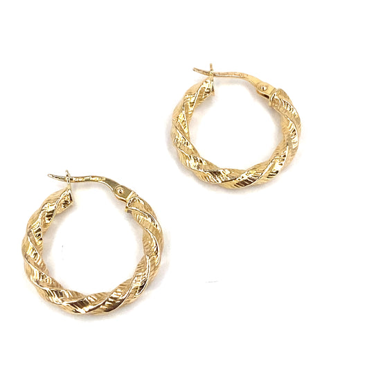 Women’s 9ct Yellow Gold Twist Hoops Etched Finish -1g