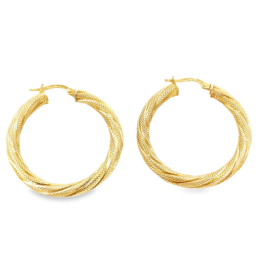 Womens 9ct Yellow Gold Brushed Twist Hoop Earrings - 2.9g