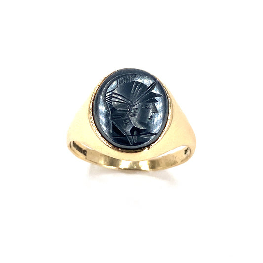 Men’s 9ct Yellow Gold Engraved Hematite Ring -4.8g