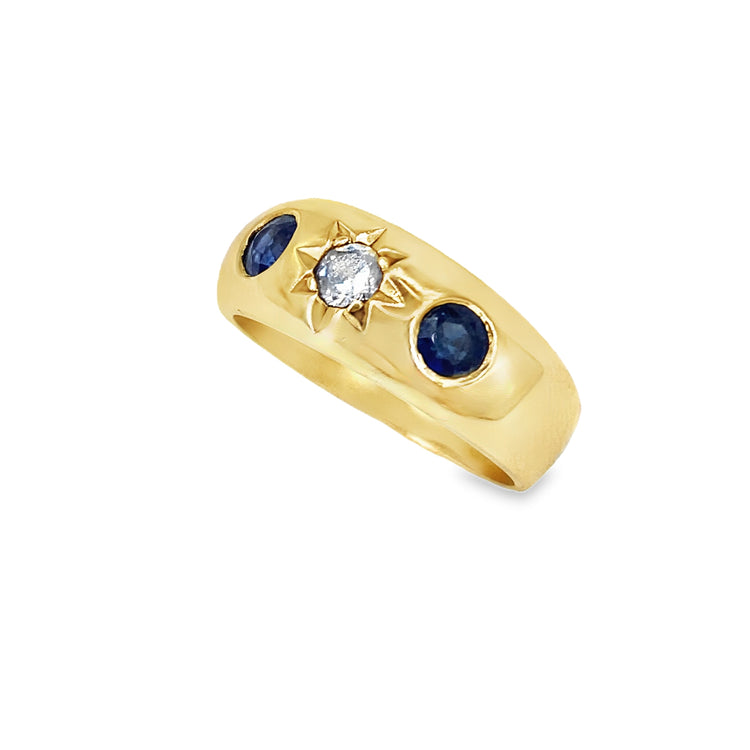 Unisex 18ct Yellow Gold Vintage Sapphire Diamond Trilogy Ring