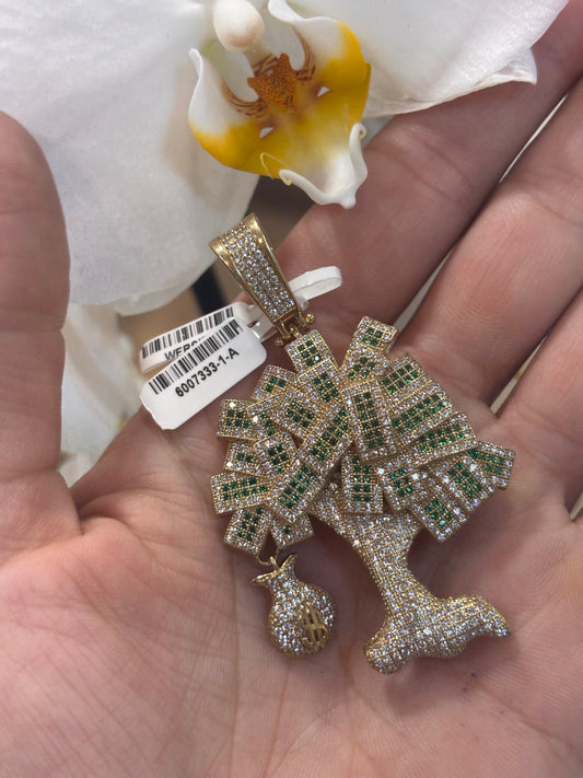 Men’s 9ct Yellow Gold Money Tree Pendant with white and Green Cz- 13.3G 6cm