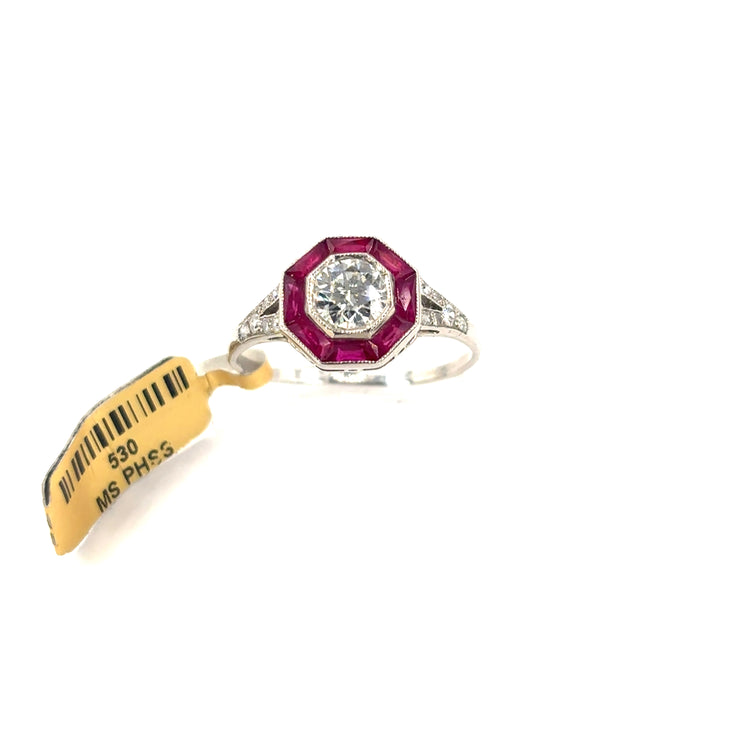 Women’s Platinum Ruby Diamond Art Deco Styled Cocktail Ring - 1.00ct