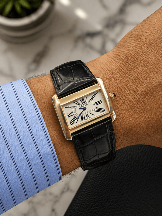 18CT Yellow Gold Cartier Tank Divan Watch with Black Leather Strap - Hyman’s Jewellers