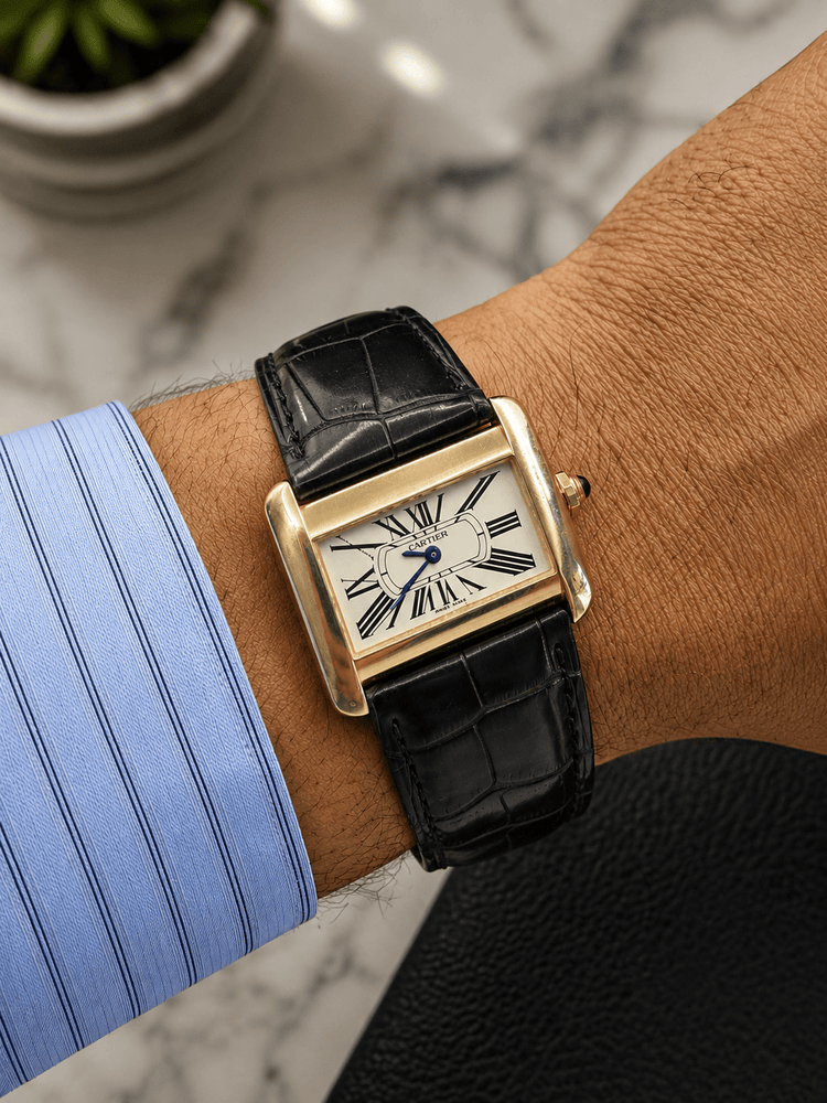 18CT Yellow Gold Cartier Tank Divan Watch with Black Leather Strap - Hyman’s Jewellers