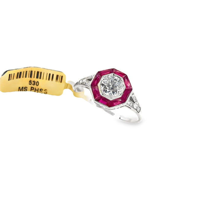 Women’s Platinum Ruby Diamond Art Deco Styled Cocktail Ring - 1.00ct