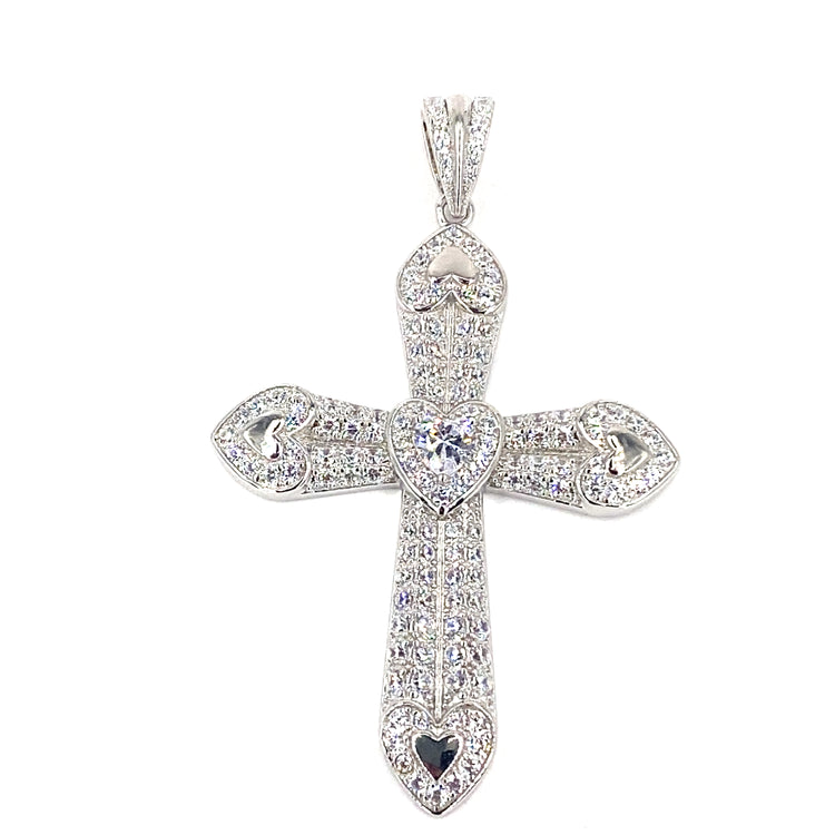 Women’s 925 Sterling Silver Heart Cross Pendant - CZ Set Medium