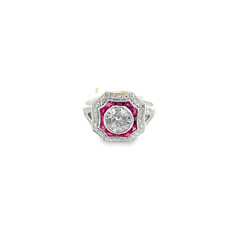 Women’s Platinum Ruby & Diamond Art Deco Style Cocktail Ring - 1.50ct
