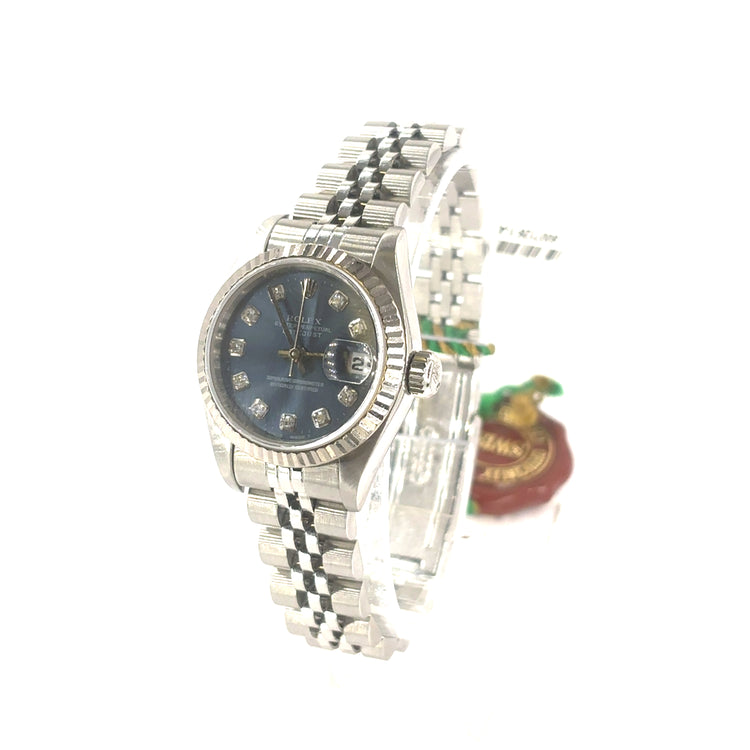 Women’s Stainless Steel Rolex DateJust Blue Dial Diamond Dot 26mm Watch